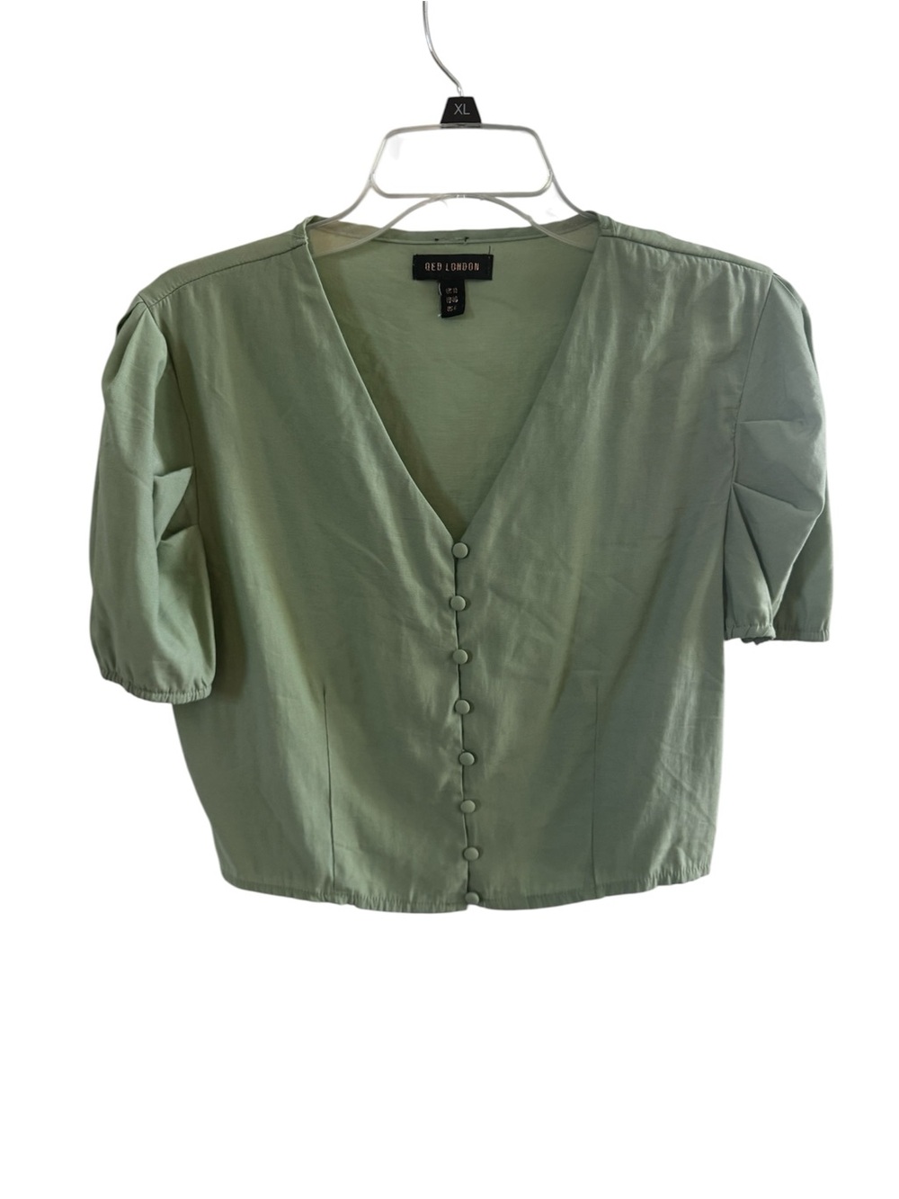 QED London Sage Green V-Neck Button-Front Puff Sleeve Blouse
